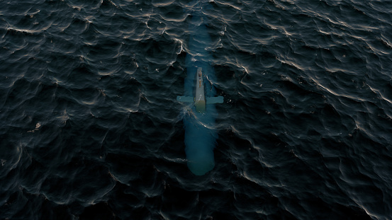 3D Illustration of a submarine patrolling just below the water's surface