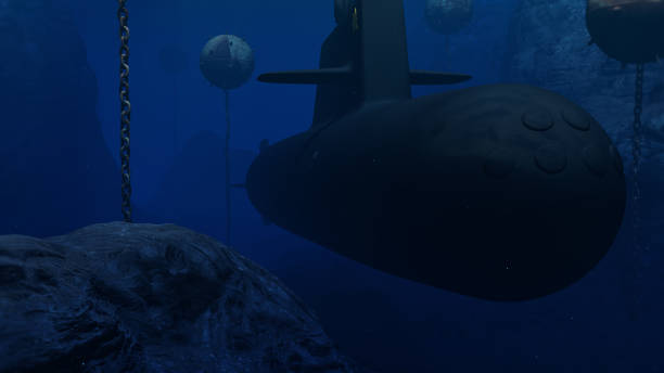 istock 3D Illustration of a submarine passing through a minefield 932625028