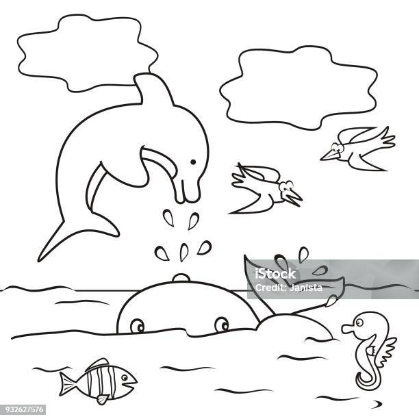 Dolphin Whale Birds Seahorses And Fish In The Sea Coloring Page For Kids Vector Illustration Stock Illustration - Download Image Now