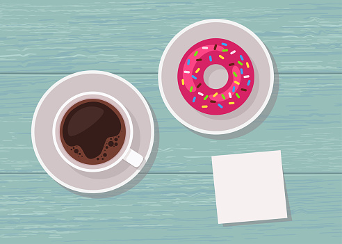 Vector illustration of top view table with cup of coffee, donut and blank note for message