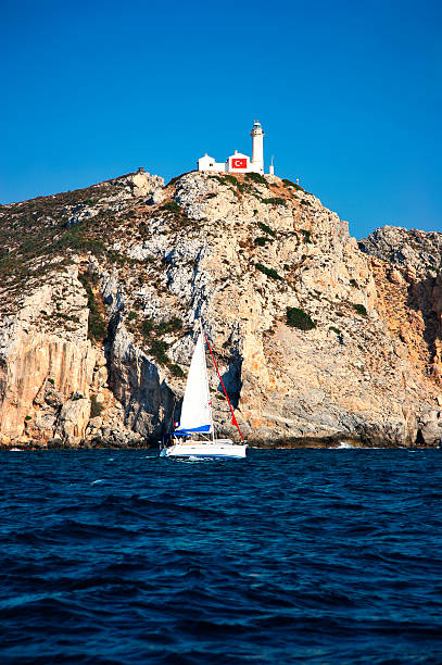 Lighthouse at ancient Knidos junction of Aegean and Mediterranean stock photo