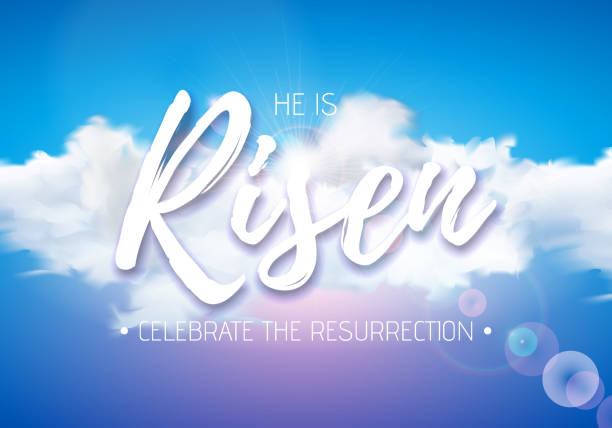 Easter Holiday illustration with heavenly light and cloud on blue sky background. He is risen. Vector Christian religious design for resurrection celebrate theme. Easter Holiday illustration with heavenly light and cloud on blue sky background. He is risen. Vector Christian religious design for resurrection celebrate theme resurrection sunday stock illustrations