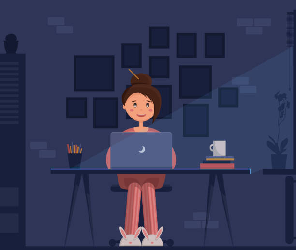 Freelancer young woman sitting at her home office with laptop at night, working. Freelancer young woman sitting in pijamas and bunny slippers at her home office with laptop at night, working. Moon light and no electrical light. Vector illustration, flat style, layered. pajamas illustrations stock illustrations