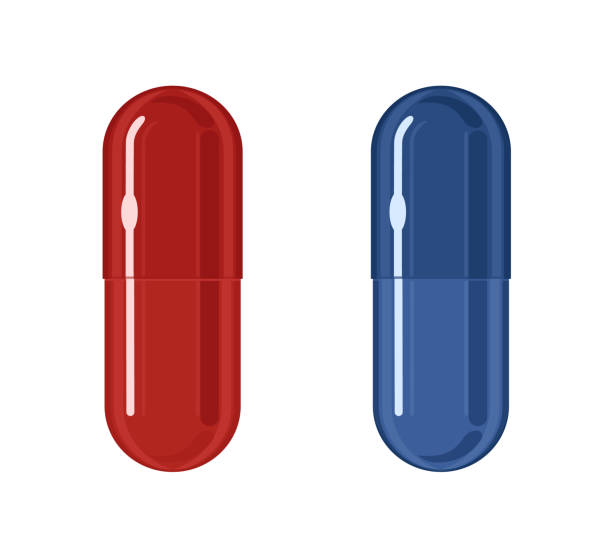 синие и красные таблетки, векторная иллюстрация изолированы на белом фоне. концепция выбора. две разные альтернативы метафоры. - capsule pill medicine red stock illustrations
