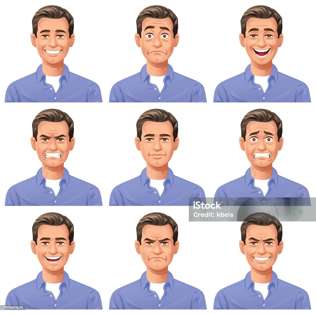 Young Man- Facial Expressions Vector illustration of a young man with nine different facial expressions: smiling, stunned/surprised, laughing, furious, neutral, anxious, talking, angry, mean/ smirking. Portraits perfectly match each other and can be easily used for facial animation by simply putting them in layers on top of each other. Men stock vector