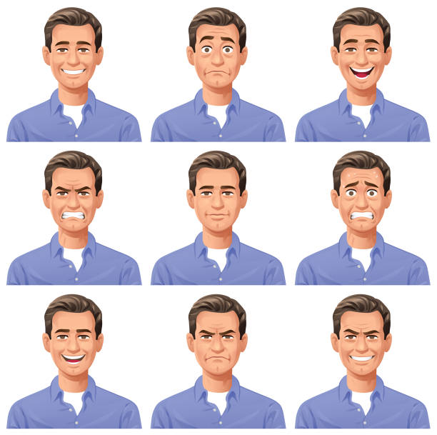 Young Man- Facial Expressions Vector illustration of a young man with nine different facial expressions: smiling, stunned/surprised, laughing, furious, neutral, anxious, talking, angry, mean/ smirking. Portraits perfectly match each other and can be easily used for facial animation by simply putting them in layers on top of each other. cruel illustrations stock illustrations