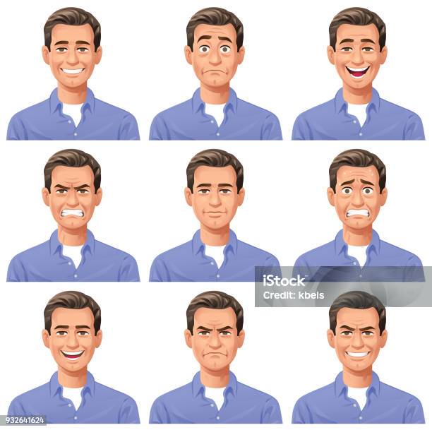 Young Man Facial Expressions Stock Illustration - Download Image Now - Men, Human Face, Facial Expression