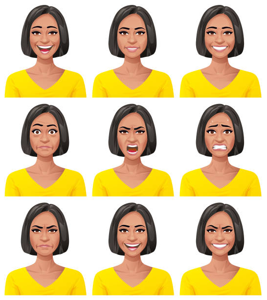 Young Woman- Facial Expressions Vector illustration of a young african american woman with nine different facial expressions: laughing, neutral, smiling, stunned/surprised, screaming/ furious, anxious, angry, talking and mean. Portraits perfectly match each other and can be easily used for facial animation by simply putting them in layers on top of each other. part of a series stock illustrations