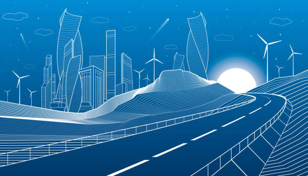 autobahn in bergen. turm und wolkenkratzer, moderne stadt, geschäftshäuser. nacht-szene. weiße linien auf blauem hintergrund. windmühlen macht. vektor-design-kunst - street technology blueprint city stock-grafiken, -clipart, -cartoons und -symbole