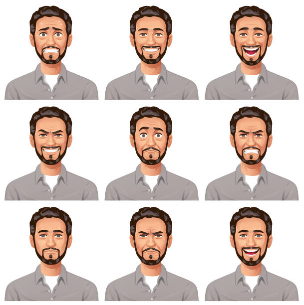 Young Man With Beard- Facial Expressions Vector illustration of a young bearded man with nine different facial expressions: anxious, smiling, laughing, mean/ smirking, stunned/surprised, furious, neutral, angry and talking.  Portraits perfectly match each other and can be easily used for facial animation by simply putting them in layers on top of each other. smirk stock illustrations