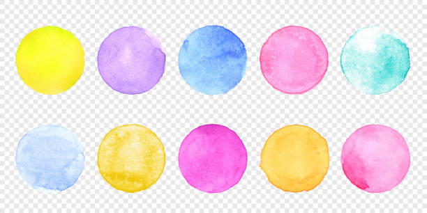 ilustraciones, imágenes clip art, dibujos animados e iconos de stock de set de acuarela círculo de color. vector frotis splash mancha de acuarela sobre fondo transparente. - dibujo al pastel