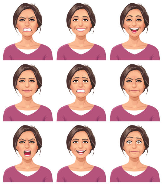 Woman- Facial Expressions Vector illustration of a young woman with nine different facial expressions: furious, smiling, laughing, neutral, anxious, angry, screaming, talking, and stunned/surprised. Portraits perfectly match each other and can be easily used for facial animation by simply putting them in layers on top of each other. cruel illustrations stock illustrations