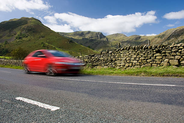 View of the Hardknott Pass, hill pass between Eskdale and the Duddon Valley in the Lake District National Park, Cumbria, England.