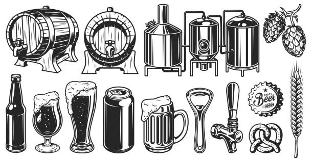 ilustraciones, imágenes clip art, dibujos animados e iconos de stock de conjunto objeto de cerveza - beer backgrounds alcohol glass
