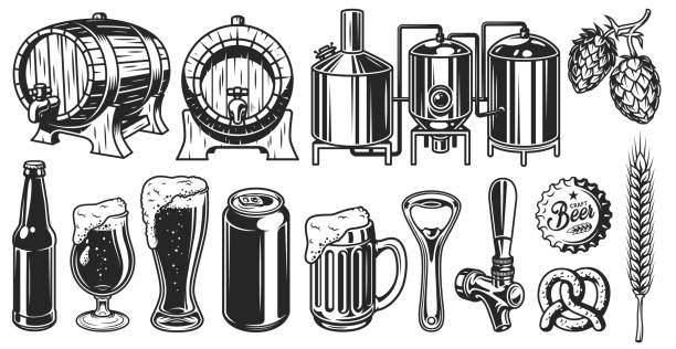 ilustrações, clipart, desenhos animados e ícones de conjunto de objeto de cerveja - beer backgrounds alcohol glass