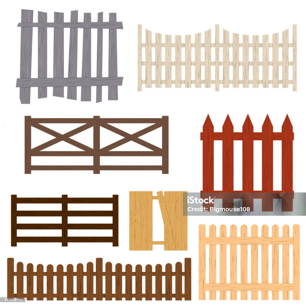 Cartoon Color Wooden Fence Set. Vector Cartoon Color Wooden Fence Set Different Types Protection Concept Flat Design Style Barrier for Garden, Rural Farm. Vector illustration Fence stock vector