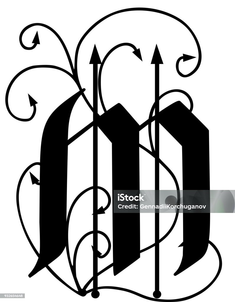 Letter M with arrows Letter M with arrows isolated on white background Alphabet stock vector
