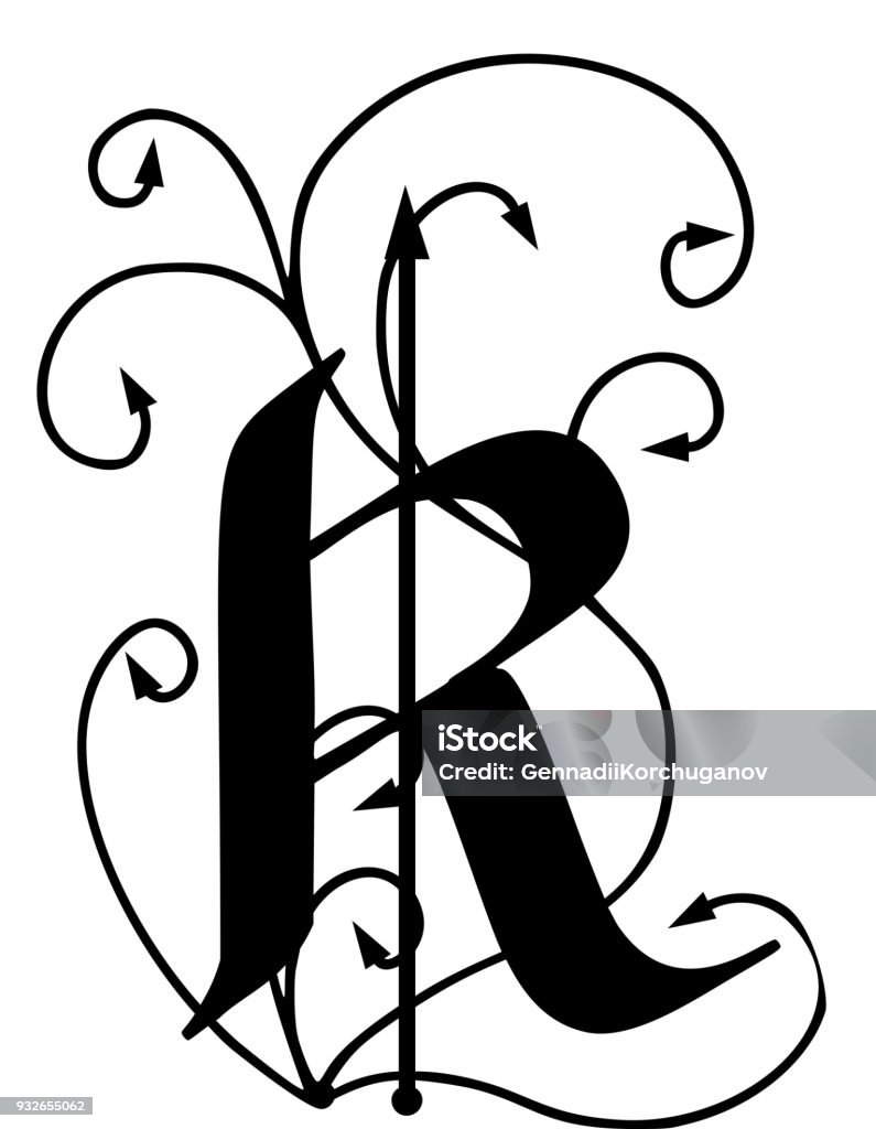 Letter R with arrows Letter R with arrows isolated on white background Alphabet stock vector