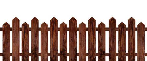 istock Brown dark wood fence isolated on white background 932664138