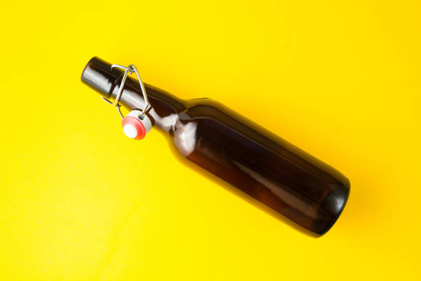 Craft beer botles in a box, selective focus