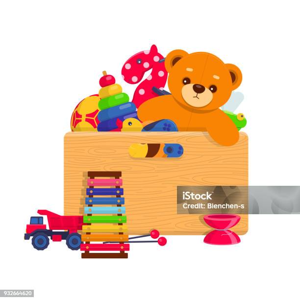 Wooden Box Full Of Kids Toys Stock Illustration - Download Image Now - Bicycle, Box - Container, Brand Name Video Game
