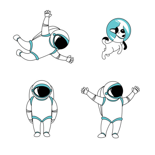 Funny astronaut spaceman characters exploring outer space Cute funny cosmonaut astronaut spaceman characters exploring outer space with dog cartoon. Flat line design. Vector illustration. White background cosmonaut stock illustrations