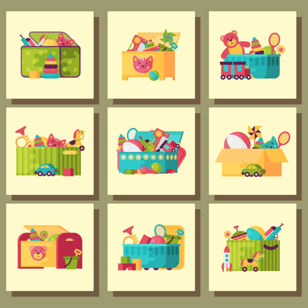 illustrations, cliparts, dessins animés et icônes de jouets d’enfant complète dans des boîtes pour les enfants jouent illustration vectorielle de l’enfance chambre de bébé conteneur - block toy wood box