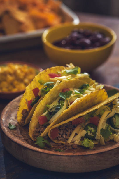 istock Mexican Tacos with Spicy Salsa, Minced Meat and Guacamole 932679966
