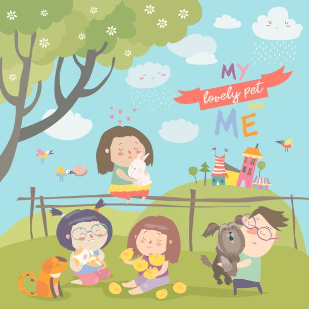 Happy children with pets Happy children with pets on green meadow. Vector illustration person sitting on fence stock illustrations