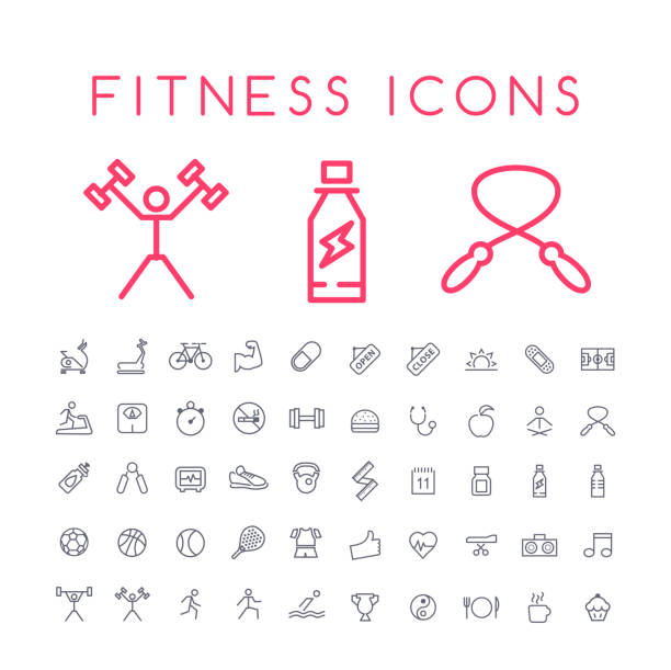 Set of 50 Minimal Thin Line Fitness Icons on White Background . Isolated Vector Elements Isolated Vector Elements fitness-center-icon stock illustrations