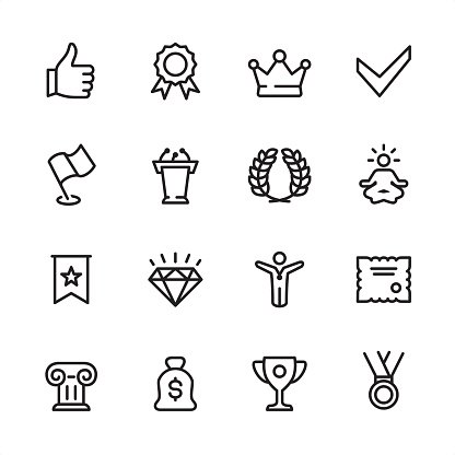 16 line black and white icons / Set #44 / Awards
Pixel Perfect Principle - all the icons are designed in 48x48pх square, outline stroke 2px.

First row of outline icons contains: 
Thumbs Up, Medal Badge with ribbons, Crown - Headwear icon, Check Mark;

Second row contains: 
Flag, Podium Tribune, Laurel Wreath, Lotus Position;

Third row contains: 
Ribbon with Star, Diamond - Gemstone, Winner, Certificate; 

Fourth row contains: 
Architectural Column, Money Bag, Trophy - Award, Medal.

Complete Inlinico collection - http://www.istockphoto.com/collaboration/boards/2MS6Qck-_UuiVTh288h3fQ
