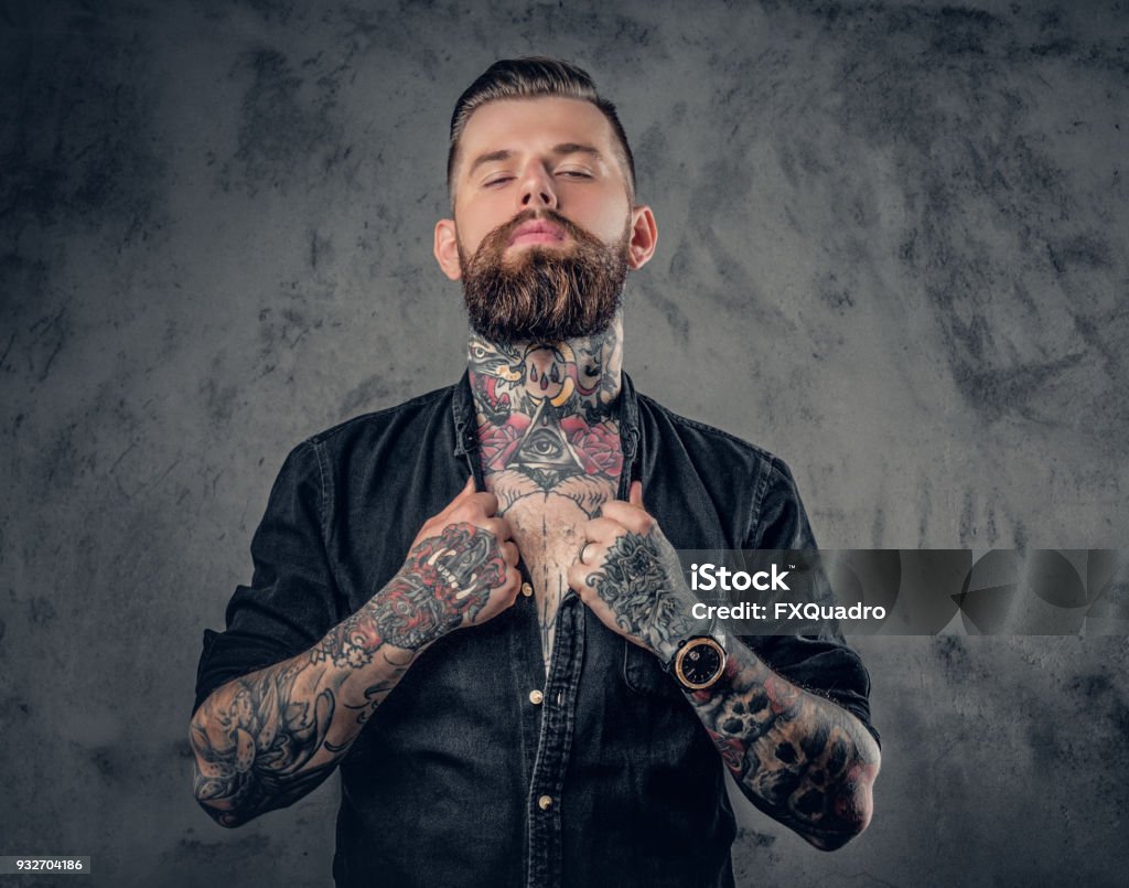 Studio Portrait Of Bearded Hipster Man With Tattoos Stock Photo - Download  Image Now - iStock