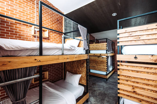 Dormitory room with bunk beds in the modern hostel Beautiful modern interior and exterior of accommodation for travelers and backpackers in beach area where mostly young people stay for relaxing holiday. Architecture is mixture of concrete, wood, steel and glass, with open space concept. Property is made of eco-friendly materials. hostel photos stock pictures, royalty-free photos & images