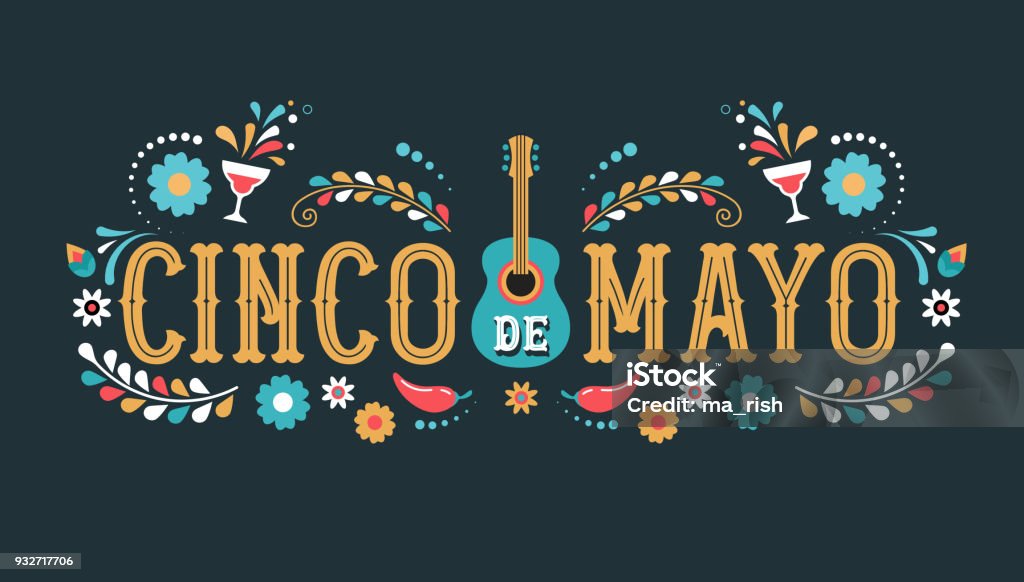 Синко де Майо - 5 мая, федеральный праздник в Мексике. Fiesta баннер и дизайн плаката с флагами - Векторная графика Пятое мая роялти-фри