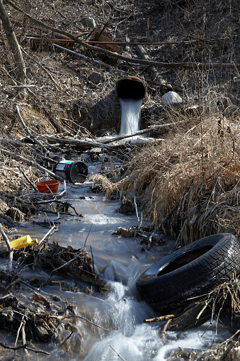 Untreated waste water pours out into a littered stream behind a wildlife preserve