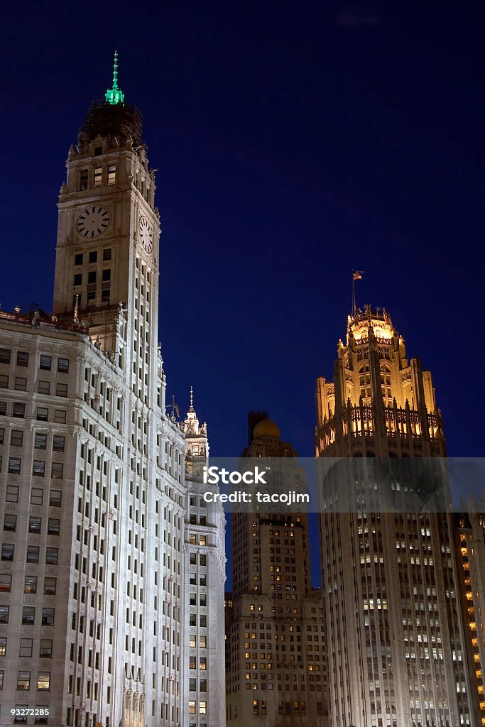 Chicago Tribune Wrigley & edifícios - Foto de stock de Relógio royalty-free