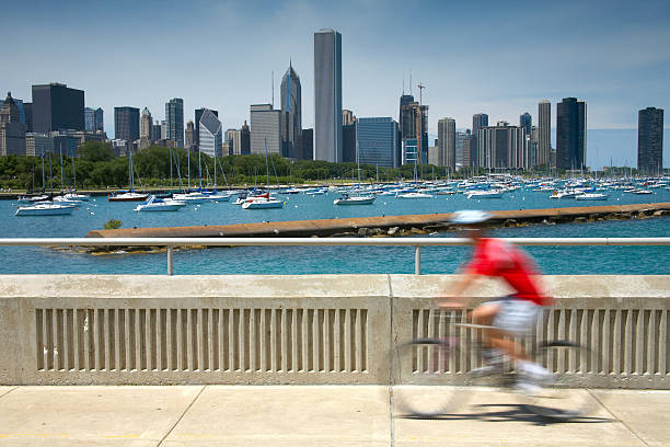 istock Motion blurred cyclist across the waters and Chicago skyline 93272304