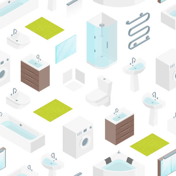 Furniture Bathroom Interior Seamless Pattern Background Isometric View. Vector Furniture Bathroom Interior Seamless Pattern Background on a White for Apartment, Shop or Hotel Isometric View Include of Cabine, Dryer and Toilet . Vector illustration wood cabin texture stock illustrations