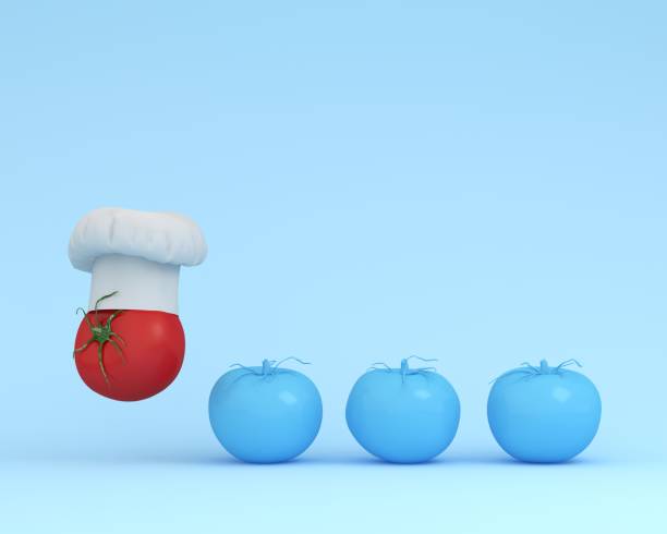 istock Outstanding Chef hat with tomato floating with blue tomato on pastel blue background. minimal idea food concept. Idea creative to produce work and advertising marketing communications. think different 932732774
