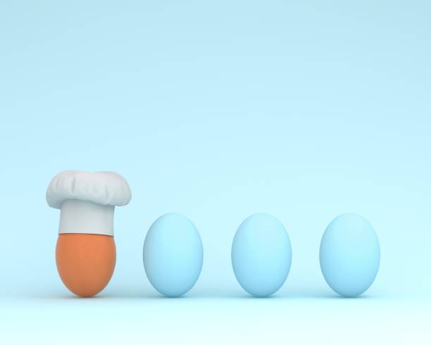 istock Outstanding Chef hat with egg floating with blue eggs on pastel blue background. minimal idea food concept. Idea creative to produce work and advertising marketing communications. think different. 932733752