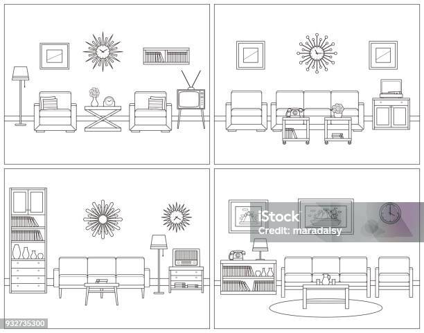 Living Room Interiors Retro Linear Vector Illustration Stock Illustration - Download Image Now