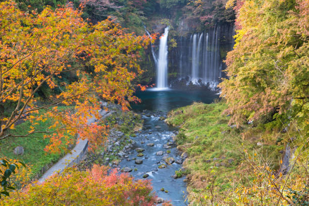 istock shiraito Waterfall in autumn season with green and red maple tree 932743664