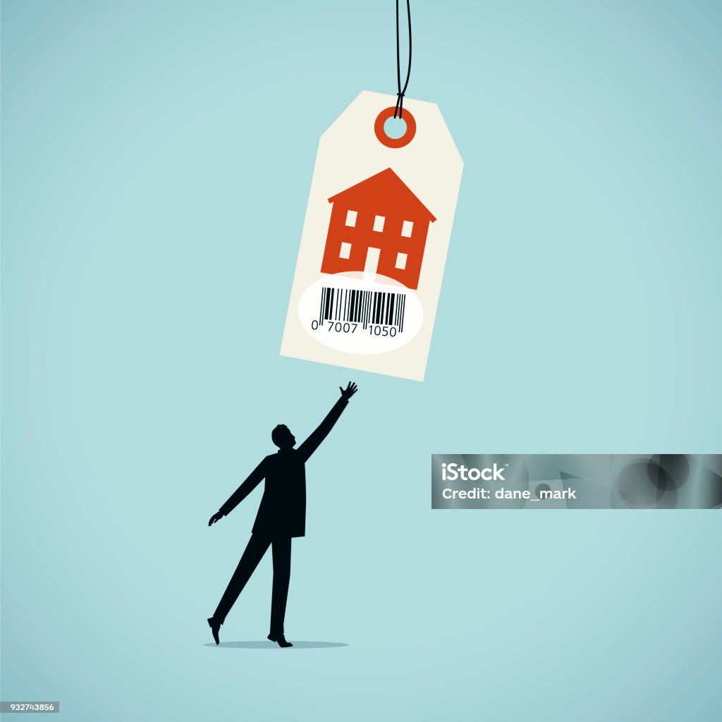 Property Prices Illustration A man tries in vain to get on the property ladder Price Tag stock vector