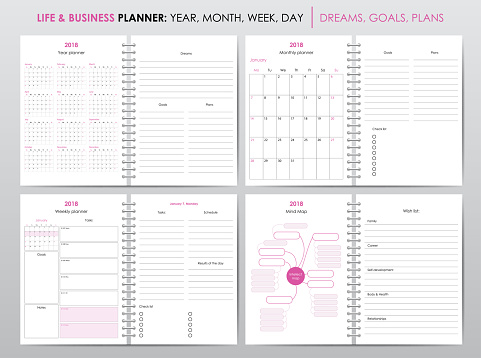 Set of planners for 2018, life and business planner sheets, organizer for personal and work issues