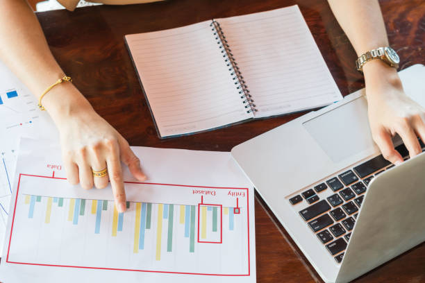 istock businesswomen using laptop analyzing marketing strategy with statistic graph and notebook on table for her business 932746354