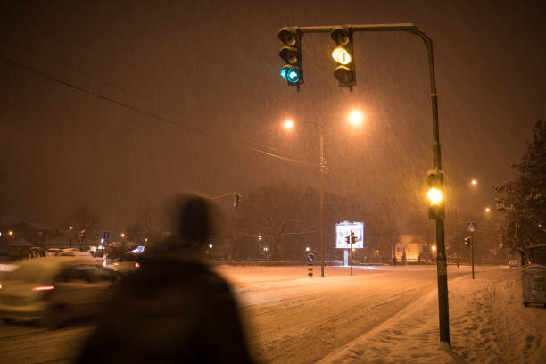 istock Traffic light signalization at snowy night 932746546