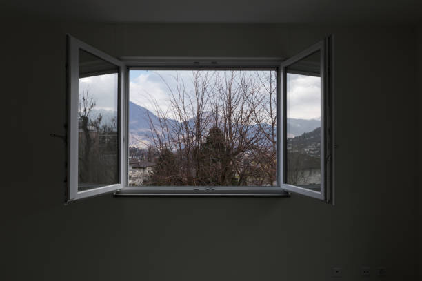 istock Landscape seen from the private apartment window, open window 932746886