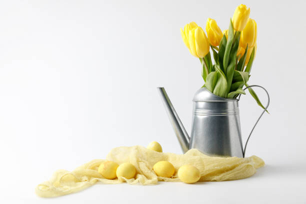Yellow tulips in vase on a table against morning sun trough the window. Horizontal shoot.