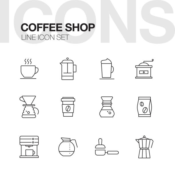 illustrazioni stock, clip art, cartoni animati e icone di tendenza di set icone linea caffetteria - coffee coffee bean coffee grinder cup