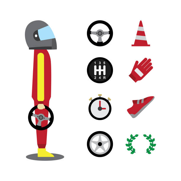 ilustrações, clipart, desenhos animados e ícones de ícones de de corrida - steering wheel motorized sport stock car racecar